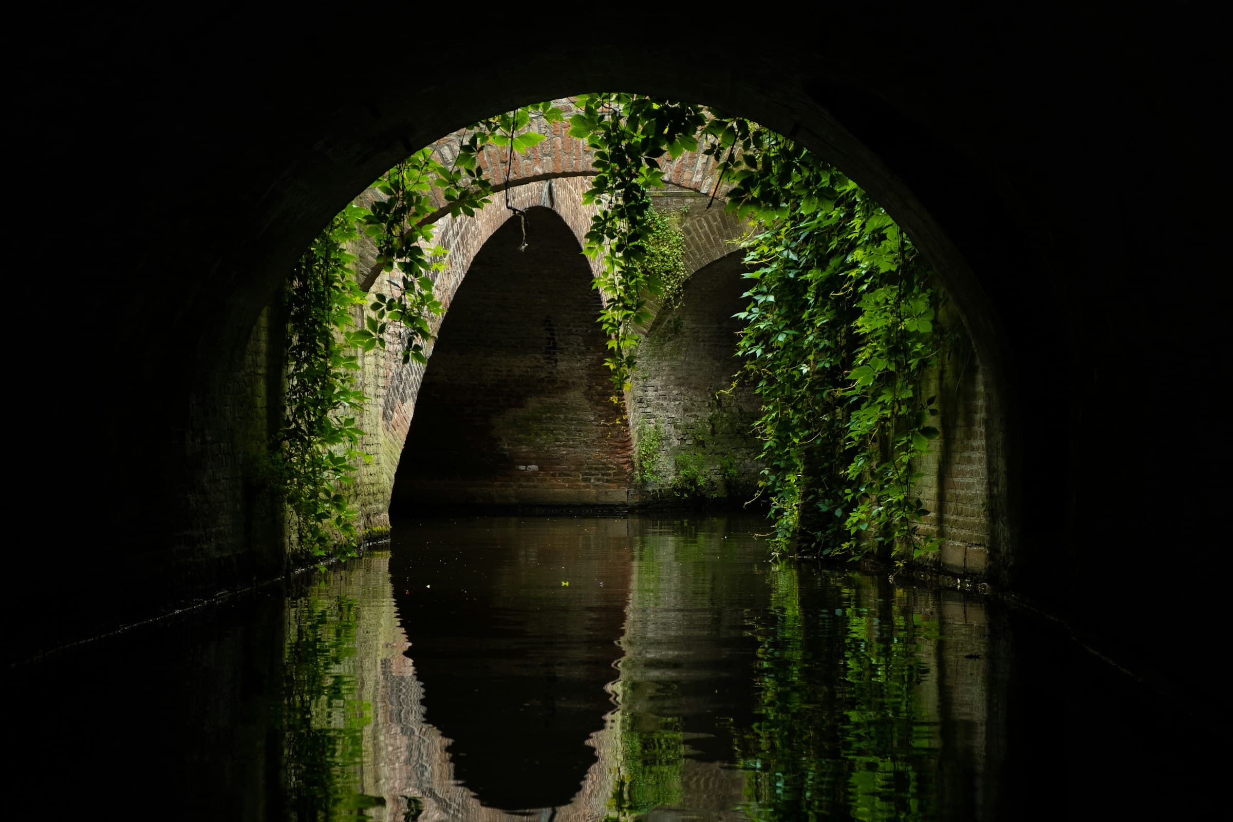 De Binnendieze onder de bruggen van Den Bosch, met klimop langs de bogen